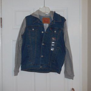 LEVI’S Boys Trucker Jacket Blue Gray Denim Jean Hooded Hoodie Size L